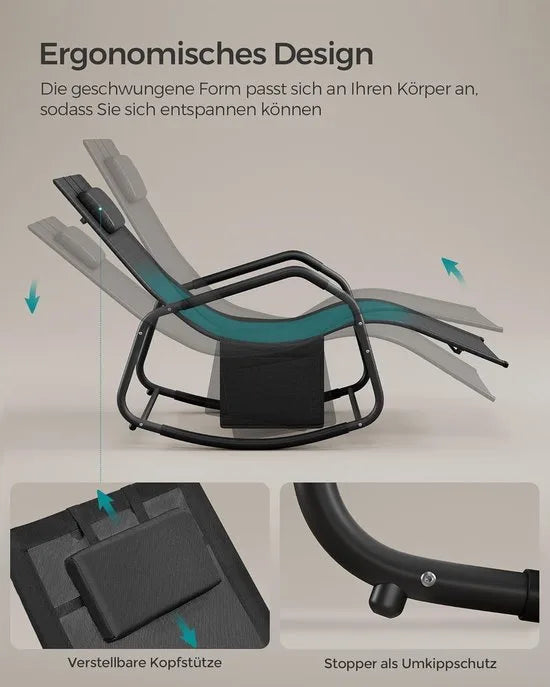 FurnStar Schommelstoel – Ligstoel met Verstelbare Hoofdsteun – Stopper voor Kantelbeveiliging – Ergonomisch Design – Zijvak – Ademend Kunstvezelweefsel – 151 x 56 x 90 cm – Duifgrijs – Zwart
