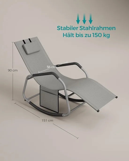 FurnStar Schommelstoel – Ligstoel met Verstelbare Hoofdsteun – Stopper voor Kantelbeveiliging – Ergonomisch Design – Zijvak – Ademend Kunstvezelweefsel – 151 x 56 x 90 cm – Duifgrijs