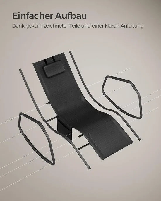 FurnStar Schommelstoel – Ligstoel met Verstelbare Hoofdsteun – Stopper voor Kantelbeveiliging – Ergonomisch Design – Zijvak – Ademend Kunstvezelweefsel – 151 x 56 x 90 cm – Duifgrijs – Zwart