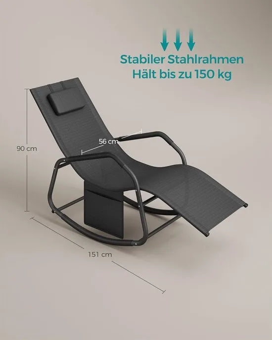 FurnStar Schommelstoel – Ligstoel met Verstelbare Hoofdsteun – Stopper voor Kantelbeveiliging – Ergonomisch Design – Zijvak – Ademend Kunstvezelweefsel – 151 x 56 x 90 cm – Zwart