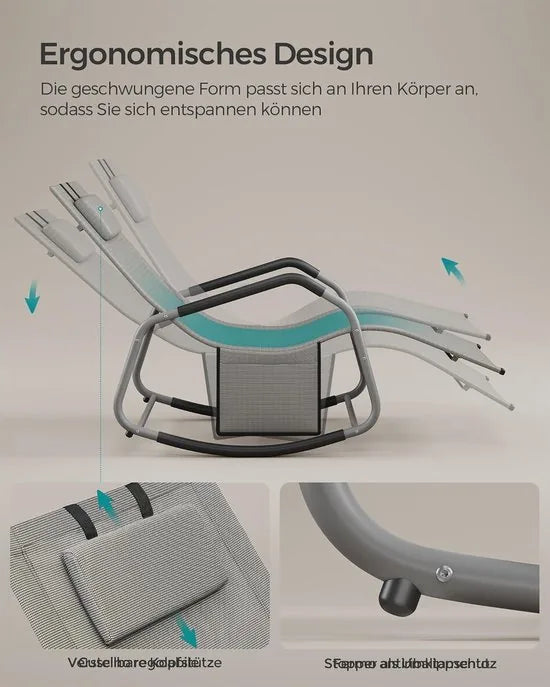 FurnStar Schommelstoel – Ligstoel met Verstelbare Hoofdsteun – Stopper voor Kantelbeveiliging – Ergonomisch Design – Zijvak – Ademend Kunstvezelweefsel – 151 x 56 x 90 cm – Duifgrijs