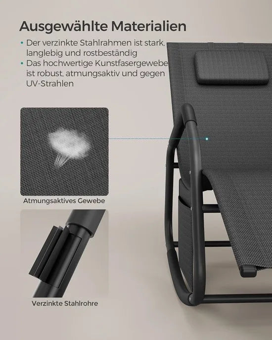 FurnStar Schommelstoel – Ligstoel met Verstelbare Hoofdsteun – Stopper voor Kantelbeveiliging – Ergonomisch Design – Zijvak – Ademend Kunstvezelweefsel – 151 x 56 x 90 cm – Duifgrijs – Zwart
