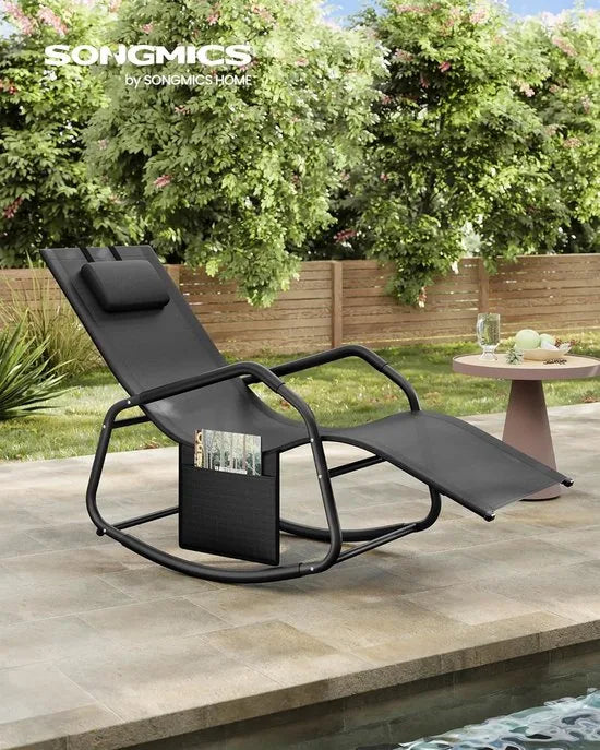 FurnStar Schommelstoel – Ligstoel met Verstelbare Hoofdsteun – Stopper voor Kantelbeveiliging – Ergonomisch Design – Zijvak – Ademend Kunstvezelweefsel – 151 x 56 x 90 cm – Duifgrijs – Zwart