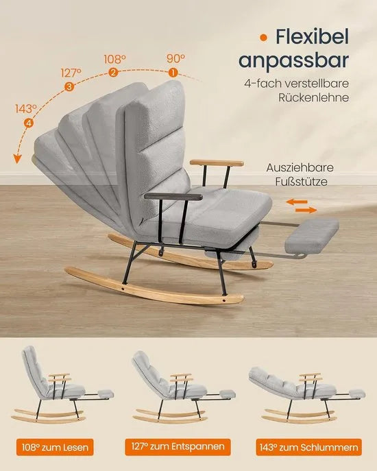 Furnstar Schommelstoel met Voetensteun – Verstelbare Relaxstoel – Fleece Bekleding – 4 Standen – Tot 160 kg – Crèmewit – Grijs