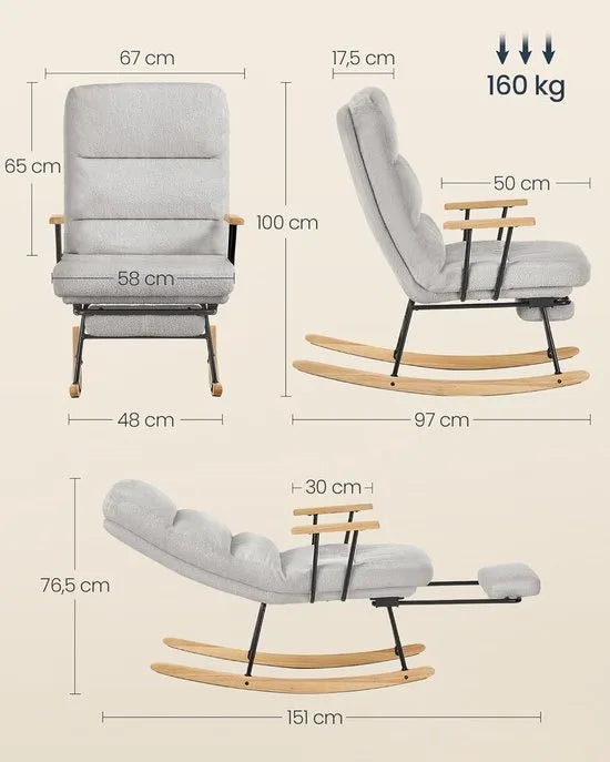 Furnstar Schommelstoel met Voetensteun – Verstelbare Relaxstoel – Fleece Bekleding – 4 Standen – Tot 160 kg – Crèmewit – Grijs