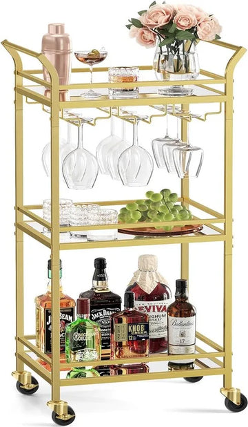 FurnStar - Serveerwagen - 3 niveaus - rolwagen - met wieltjes - handgrepen - spiegelglazen planken - voor kleine ruimtes - keuken - eetkamer - bar - 30 x 46,8 x 92 cm - goudkleurig
