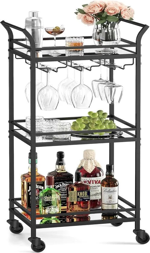 FurnStar - Serveerwagen - 3 niveaus - rolwagen - met wieltjes - handgrepen - spiegelglazen planken - voor kleine ruimtes - keuken - eetkamer - bar - 30 x 46,8 x 92 cm - goudkleurig – Zwart