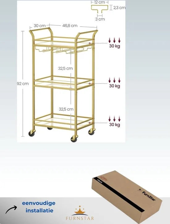 FurnStar - Serveerwagen - 3 niveaus - rolwagen - met wieltjes - handgrepen - spiegelglazen planken - voor kleine ruimtes - keuken - eetkamer - bar - 30 x 46,8 x 92 cm - goudkleurig