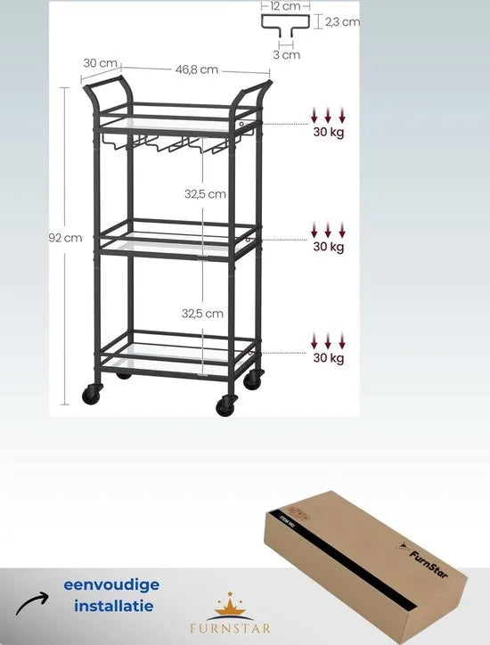 FurnStar - Serveerwagen - 3 niveaus - rolwagen - met wieltjes - handgrepen - spiegelglazen planken - voor kleine ruimtes - keuken - eetkamer - bar - 30 x 46,8 x 92 cm - goudkleurig – Zwart