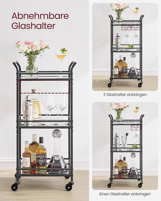 FurnStar - Serveerwagen - 3 niveaus - rolwagen - met wieltjes - handgrepen - spiegelglazen planken - voor kleine ruimtes - keuken - eetkamer - bar - 30 x 46,8 x 92 cm - goudkleurig – Zwart