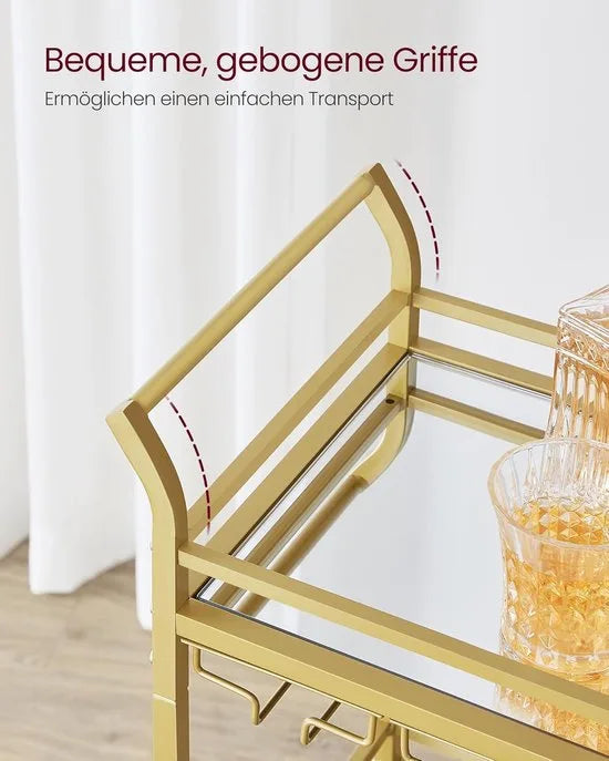 FurnStar - Serveerwagen - 3 niveaus - rolwagen - met wieltjes - handgrepen - spiegelglazen planken - voor kleine ruimtes - keuken - eetkamer - bar - 30 x 46,8 x 92 cm - goudkleurig