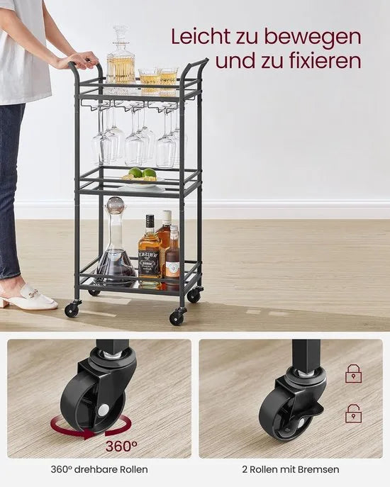 FurnStar - Serveerwagen - 3 niveaus - rolwagen - met wieltjes - handgrepen - spiegelglazen planken - voor kleine ruimtes - keuken - eetkamer - bar - 30 x 46,8 x 92 cm - goudkleurig – Zwart