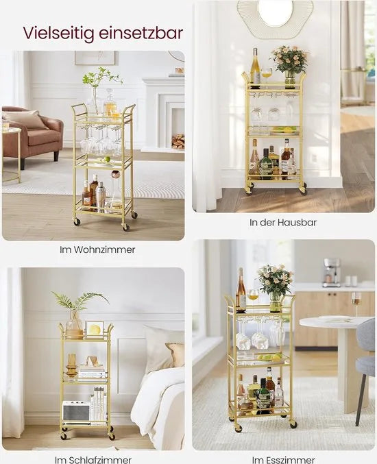 FurnStar - Serveerwagen - 3 niveaus - rolwagen - met wieltjes - handgrepen - spiegelglazen planken - voor kleine ruimtes - keuken - eetkamer - bar - 30 x 46,8 x 92 cm - goudkleurig