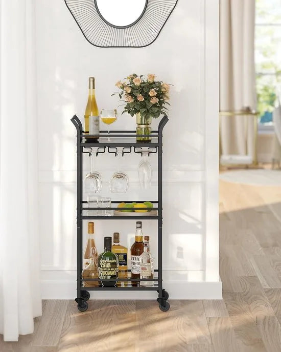 FurnStar - Serveerwagen - 3 niveaus - rolwagen - met wieltjes - handgrepen - spiegelglazen planken - voor kleine ruimtes - keuken - eetkamer - bar - 30 x 46,8 x 92 cm - goudkleurig – Zwart