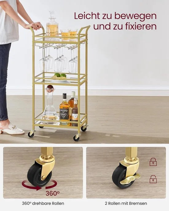 FurnStar - Serveerwagen - 3 niveaus - rolwagen - met wieltjes - handgrepen - spiegelglazen planken - voor kleine ruimtes - keuken - eetkamer - bar - 30 x 46,8 x 92 cm - goudkleurig