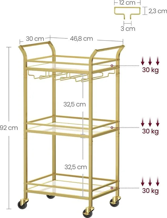 FurnStar - Serveerwagen - 3 niveaus - rolwagen - met wieltjes - handgrepen - spiegelglazen planken - voor kleine ruimtes - keuken - eetkamer - bar - 30 x 46,8 x 92 cm - goudkleurig
