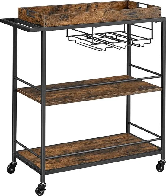 FurnStar - Serveerwagen - Keukentrolley - Afneembaar Dienblad - Met Verstelbare Poten en Wielen - Keukenrek - Stalen Frame - 40 x 88 x 96 cm - Industrieel Design - Vintage Bruin-Zwart