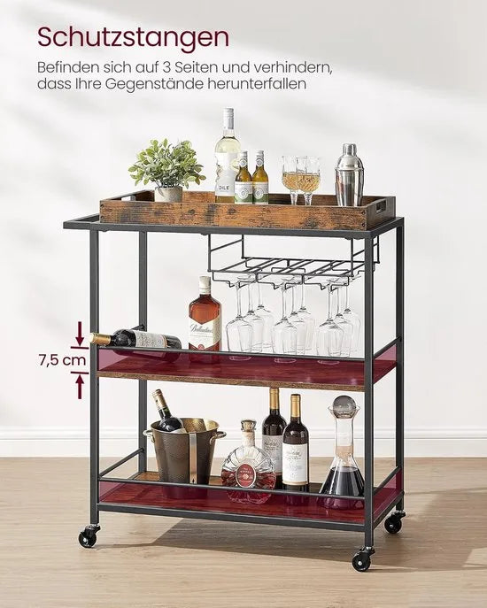 FurnStar - Serveerwagen - Keukentrolley - Afneembaar Dienblad - Met Verstelbare Poten en Wielen - Keukenrek - Stalen Frame - 40 x 88 x 96 cm - Industrieel Design - Vintage Bruin-Zwart