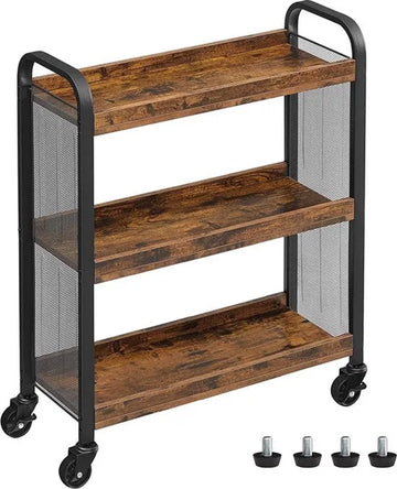 FurnStar serveerwagen -Ruimtebesparende keukenwagen met universele wielen - Keukenplank met verstelbare poten - Stevig metalen frame - 66 x 26 x 85 cm - Industrieel ontwerp - Vintage, donkerbruin