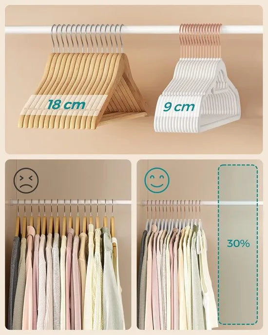 FurnStar – Set van 30 Fluwelen Kledinghangers – Antislip – 360° Draaibare Haak – Dun & Stevig – Met Stropdasstang – Voor Jassen, Jurken en Broeken – 43,5 x 0,6 cm - Wit & Roségoud