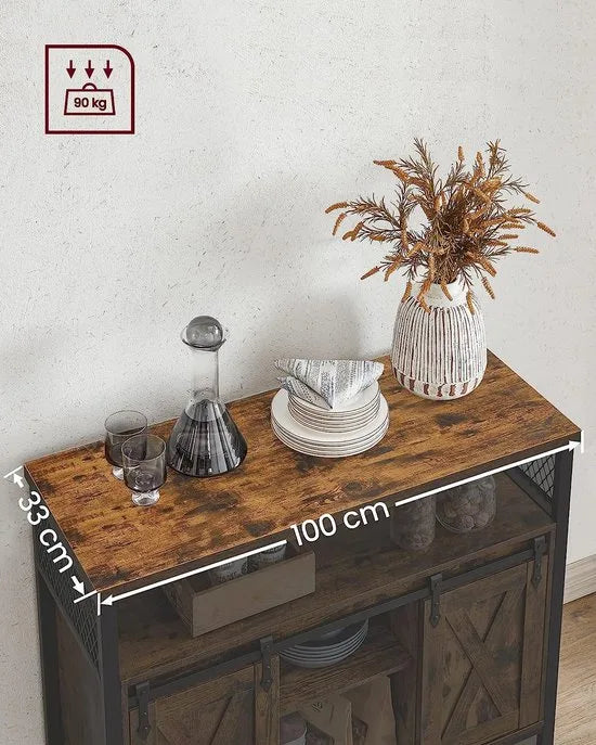 FurnStar - Sideboard - Kitchen Cabinet Storage Cabinet with 2 Sliding Doors - Adjustable Shelf -Industrial Living Room - 100x33x80 cm - Vintage Brown-Black