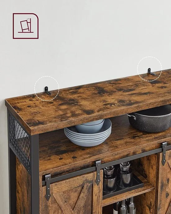 FurnStar - Sideboard - Kitchen Cabinet Storage Cabinet with 2 Sliding Doors - Adjustable Shelf -Industrial Living Room - 100x33x80 cm - Vintage Brown-Black