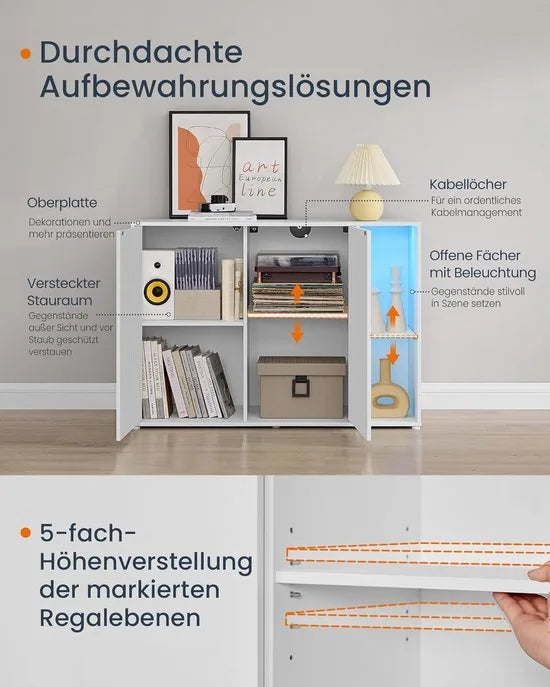 FurnStar - Sideboard -Supersnelle montage zonder gereedschap - Opbergkast met verlichting - TV-meubel - Glazen plank - 100 x 39 x 71 cm - Sneeuwwit