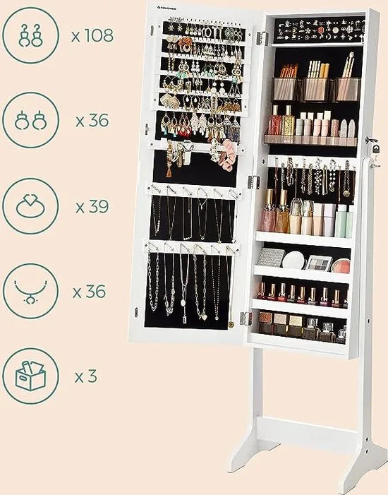 FurnStar - Sieradenkast Armoire - Vrijstaande afsluitbare opbergkast met 2 plastic cosmetische opbergvakken - Spiegel zonder lijst op ware grootte - Voor ketting en oorbel - Wit