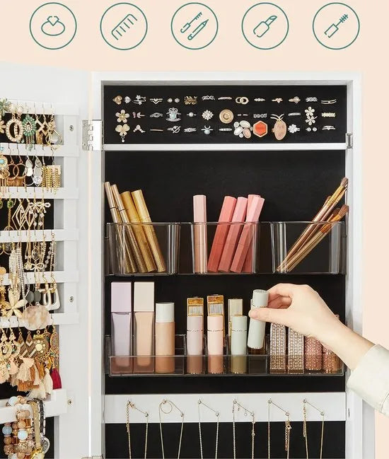 FurnStar - Sieradenkast Armoire - Vrijstaande afsluitbare opbergkast met 2 plastic cosmetische opbergvakken - Spiegel zonder lijst op ware grootte - Voor ketting en oorbel - Wit