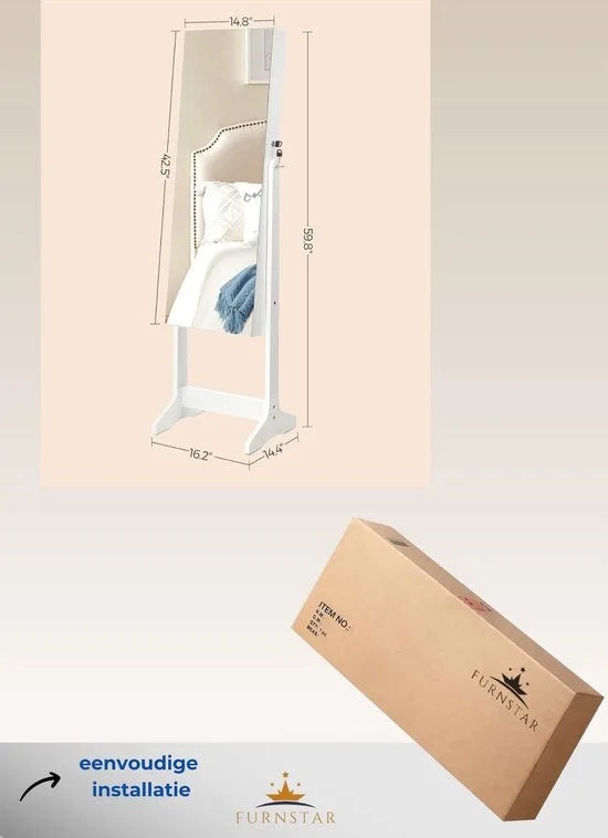 FurnStar - Sieradenkast Armoire - Vrijstaande afsluitbare opbergkast met 2 plastic cosmetische opbergvakken - Spiegel zonder lijst op ware grootte - Voor ketting en oorbel - Wit