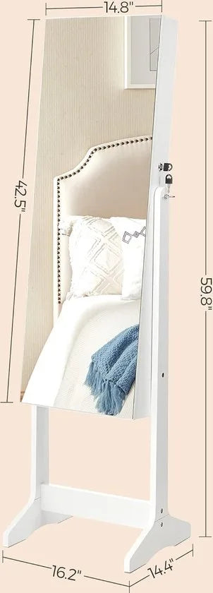 FurnStar - Sieradenkast Armoire - Vrijstaande afsluitbare opbergkast met 2 plastic cosmetische opbergvakken - Spiegel zonder lijst op ware grootte - Voor ketting en oorbel - Wit