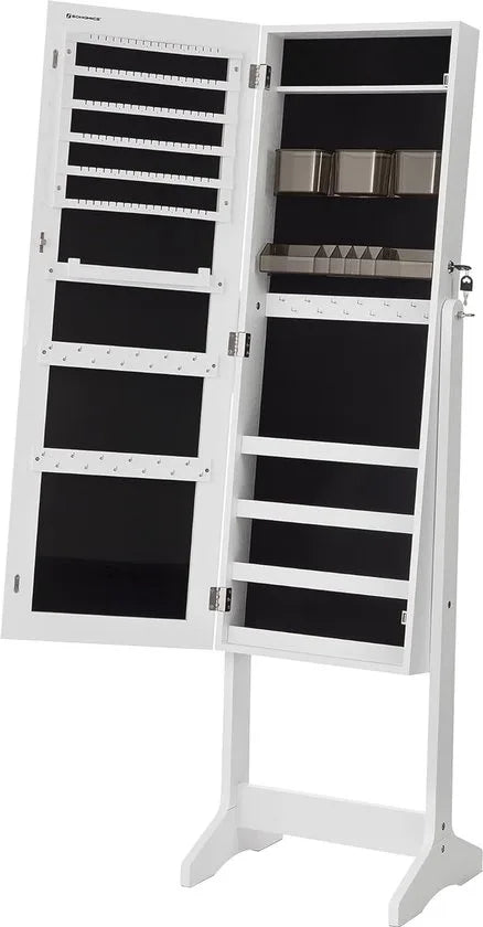 FurnStar - Sieradenkast Armoire - Vrijstaande afsluitbare opbergkast met 2 plastic cosmetische opbergvakken - Spiegel zonder lijst op ware grootte - Voor ketting en oorbel - Wit