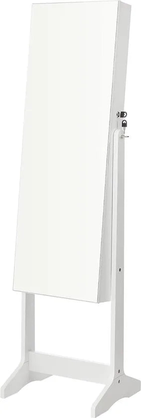 FurnStar - Sieradenkast Armoire - Vrijstaande afsluitbare opbergkast met 2 plastic cosmetische opbergvakken - Spiegel zonder lijst op ware grootte - Voor ketting en oorbel - Wit