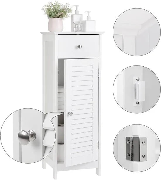 Furnstar Smalle Badkamerkast – Opbergkast met Lade en Lamellendeur – Scandinavische Stijl – 30 x 32 x 87 cm – Wit