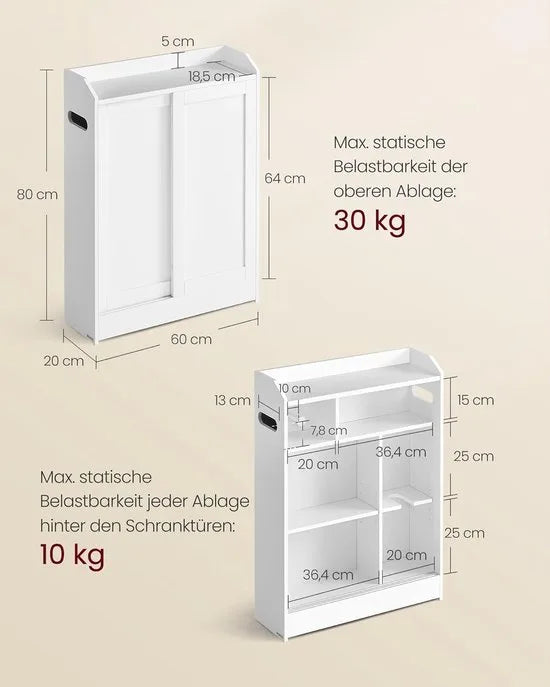 Furnstar Smalle Badkamerkast – Toiletkast met Toiletrolhouder en Borstelvak – Schuifdeuren – Verstelbare Planken – 20 x 60 x 80 cm – Cloud White
