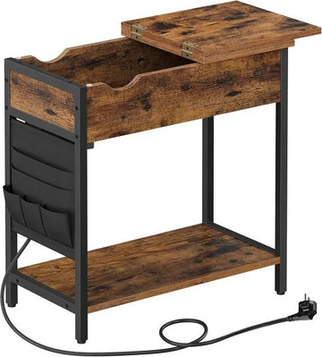 FurnStar – Smalle bijzettafel – Nachtkastje met stopcontact & USB-poorten – Inclusief stoffen opbergtas – 31,5 x 60 x 60 cm – Vintage bruin-zwart