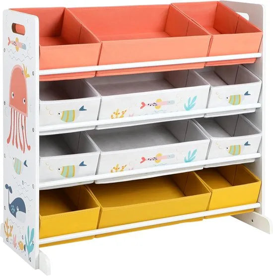 FurnStar - Speelgoedrek - Kinderkamerrek met 12 Stoffen Dozen - Voor Boeken en Speelgoed - Speelgoedorganizer - Kinderkamer - Multifunctioneel - Wit