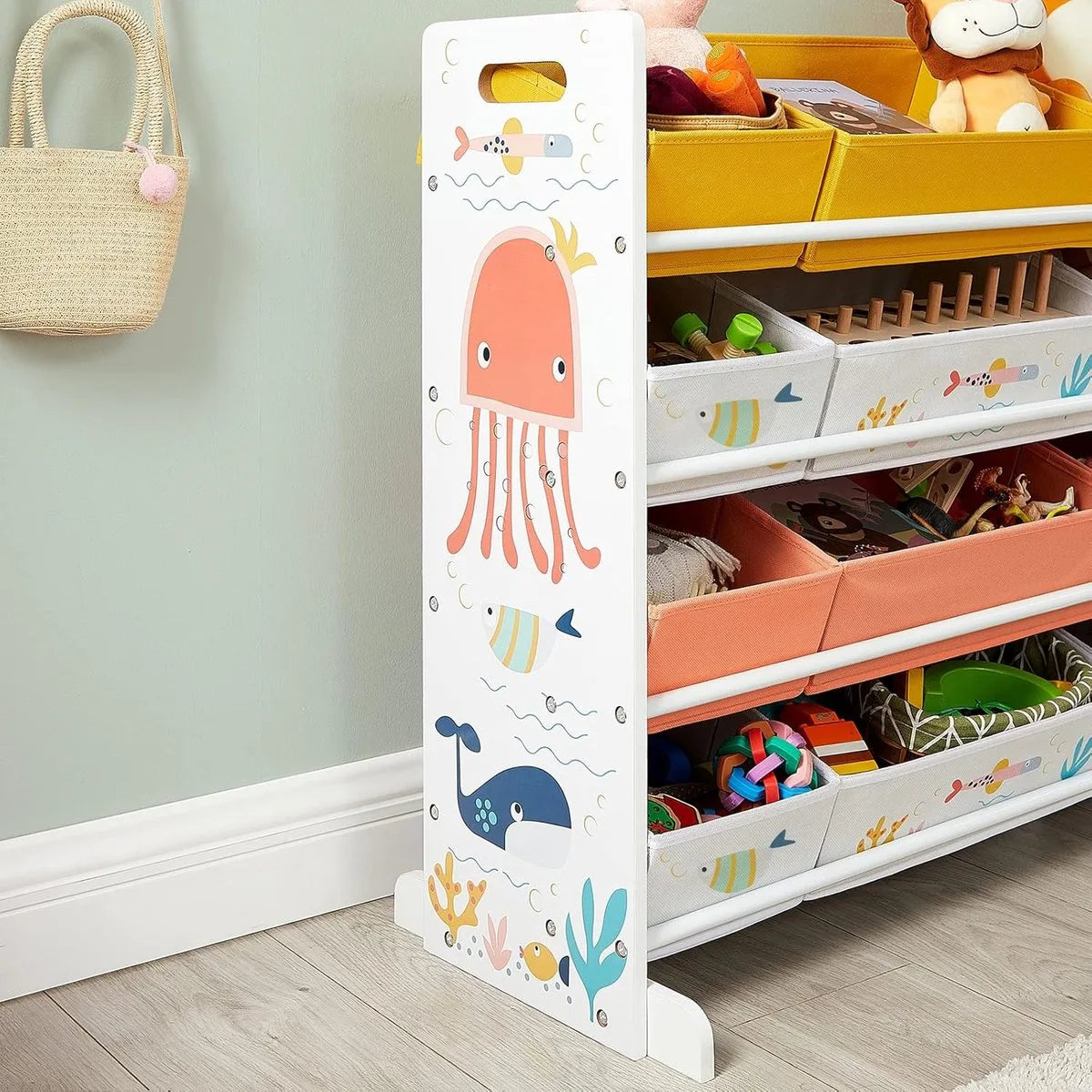 FurnStar - Speelgoedrek - Kinderkamerrek met 12 Stoffen Dozen - Voor Boeken en Speelgoed - Speelgoedorganizer - Kinderkamer - Multifunctioneel - Wit