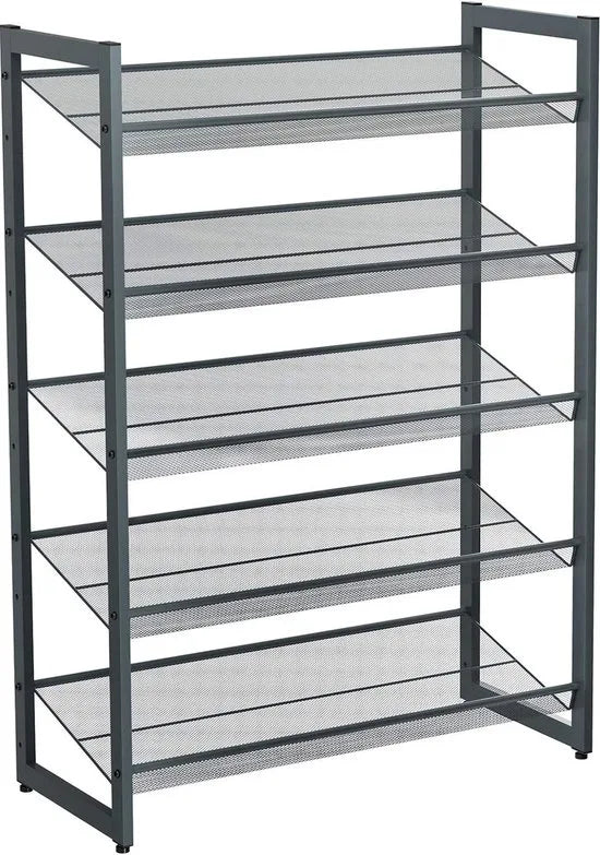 Furnstar Stapelbaar schoenenrek - 5 laags schoenenorganizer - Metalen schoenenplank met verstelbare platte of schuine planken - Beschermrails - 30.5 x 74 x 103.8 cm - Biedt plaats aan 15 - 20 paar - Z – Grijs