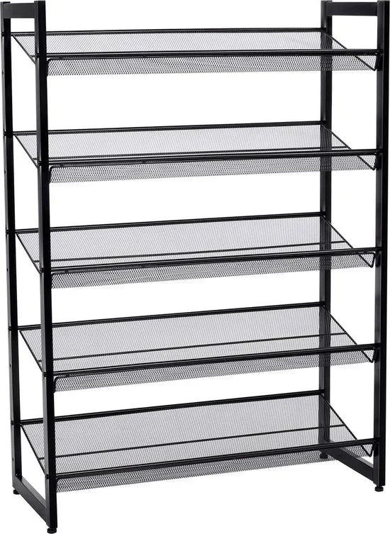 Furnstar Stapelbaar schoenenrek - 5 laags schoenenorganizer - Metalen schoenenplank met verstelbare platte of schuine planken - Beschermrails - 30.5 x 74 x 103.8 cm - Biedt plaats aan 15 - 20 paar - Zwart