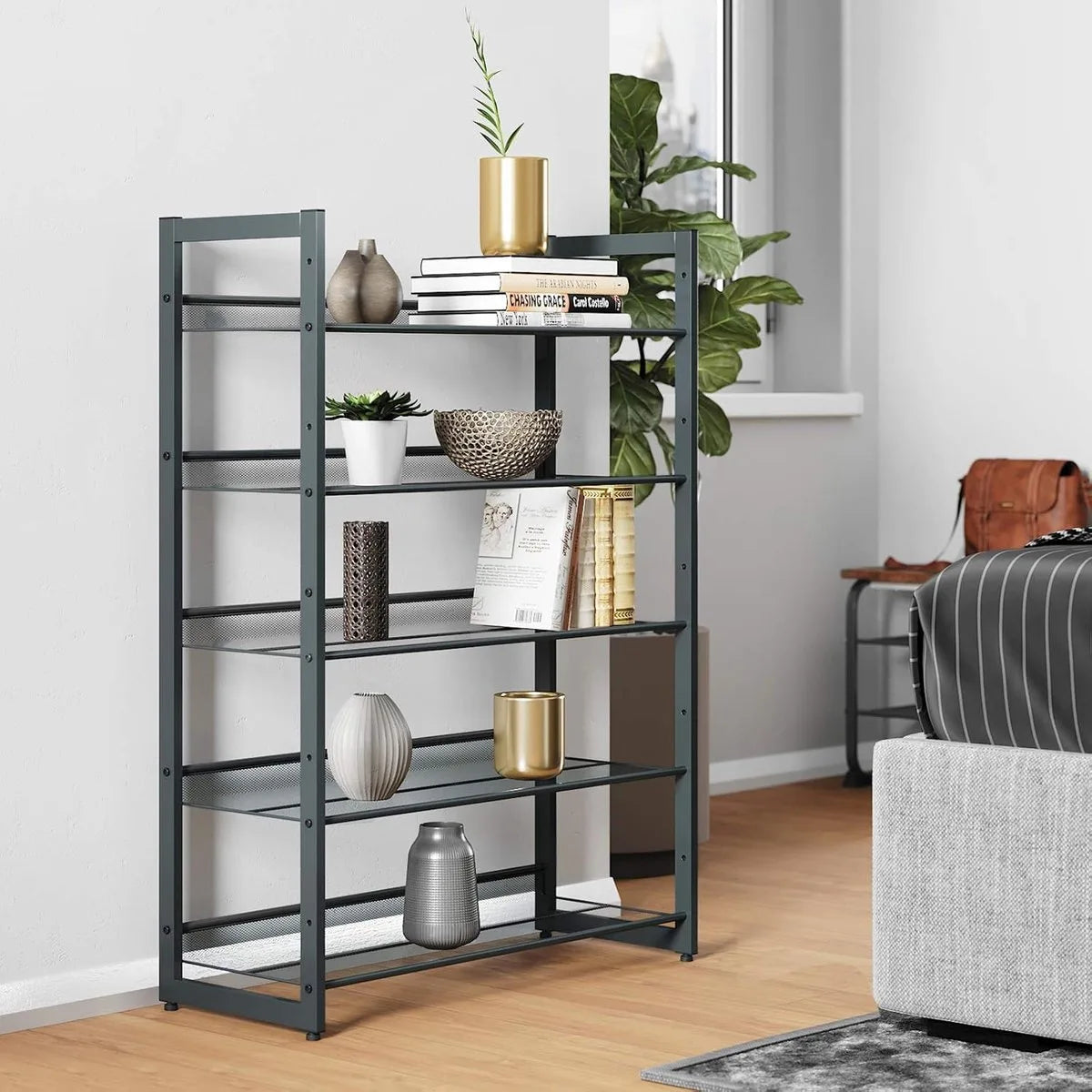 Furnstar Stapelbaar schoenenrek - 5 laags schoenenorganizer - Metalen schoenenplank met verstelbare platte of schuine planken - Beschermrails - 30.5 x 74 x 103.8 cm - Biedt plaats aan 15 - 20 paar - Z – Grijs