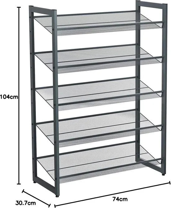 Furnstar Stapelbaar schoenenrek - 5 laags schoenenorganizer - Metalen schoenenplank met verstelbare platte of schuine planken - Beschermrails - 30.5 x 74 x 103.8 cm - Biedt plaats aan 15 - 20 paar - Z – Grijs