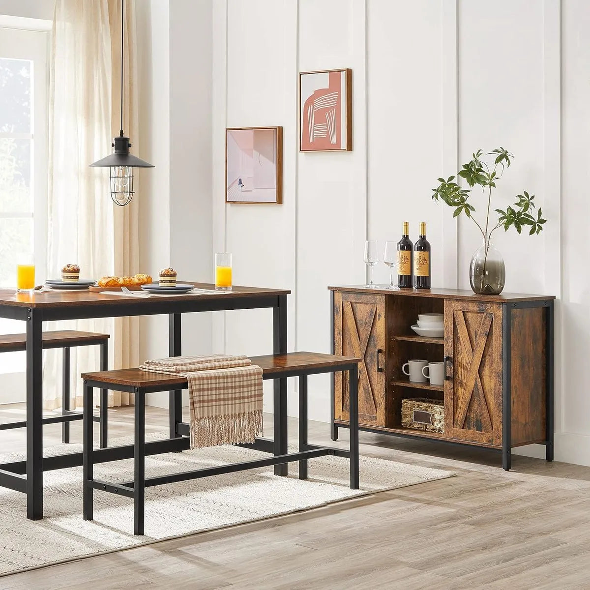 FurnStar Tafelbanken Set van 2 – Industriële Binnenbanken met Duurzaam Metalen Frame – 108 x 32,5 x 50 cm – Voor Keuken, Eetkamer of Woonkamer – Rustiek Bruin