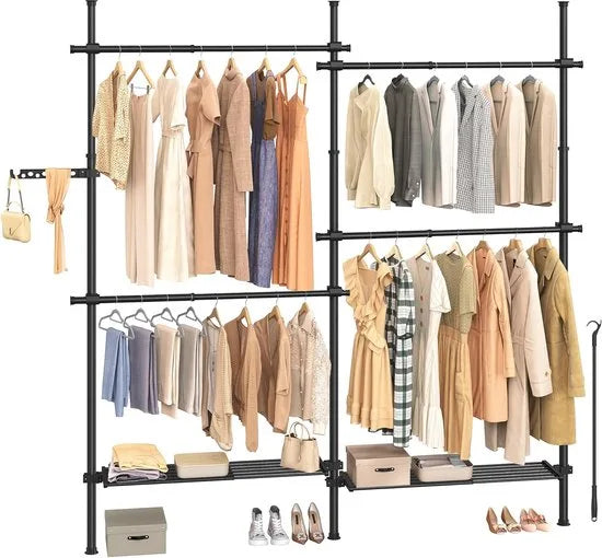 FurnStar Telescopische Kledingstandaard – 3-Traps Garderobe – In Hoogte en Breedte Verstelbaar – Open Kledingkast met 4 Kledingstangen en 2 Afneembare Planken – Grijparm – 33,5 x (162-238) x (208-310) cm – Matzwart