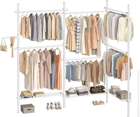 FurnStar - Telescopische kledingstandaard - 3-Traps garderobe - In hoogte en breedte verstelbaar - Open kledingkast met 6 kledingstangen en 3 afneembare planken - Grijparm - 34 x 353 x 310 cm - Mat wit