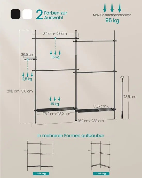 FurnStar Telescopische Kledingstandaard – 3-Traps Garderobe – In Hoogte en Breedte Verstelbaar – Open Kledingkast met 4 Kledingstangen en 2 Afneembare Planken – Grijparm – 33,5 x (162-238) x (208-310) cm – Matzwart