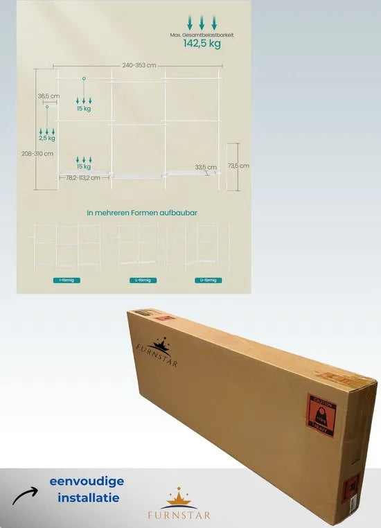 FurnStar - Telescopische kledingstandaard - 3-Traps garderobe - In hoogte en breedte verstelbaar - Open kledingkast met 6 kledingstangen en 3 afneembare planken - Grijparm - 34 x 353 x 310 cm - Mat wit