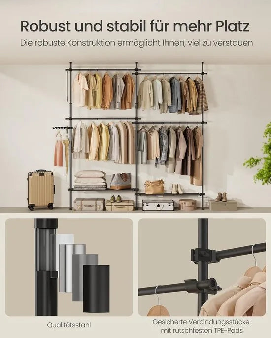 FurnStar Telescopische Kledingstandaard – 3-Traps Garderobe – In Hoogte en Breedte Verstelbaar – Open Kledingkast met 4 Kledingstangen en 2 Afneembare Planken – Grijparm – 33,5 x (162-238) x (208-310) cm – Matzwart