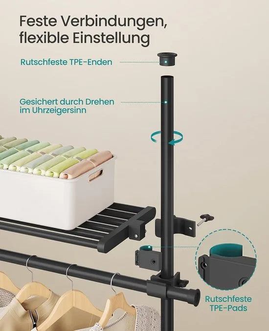 FurnStar Telescopische Kledingstandaard – 3-Traps Garderobe – In Hoogte en Breedte Verstelbaar – Open Kledingkast met 4 Kledingstangen en 2 Afneembare Planken – Grijparm – 33,5 x (162-238) x (208-310) cm – Matzwart