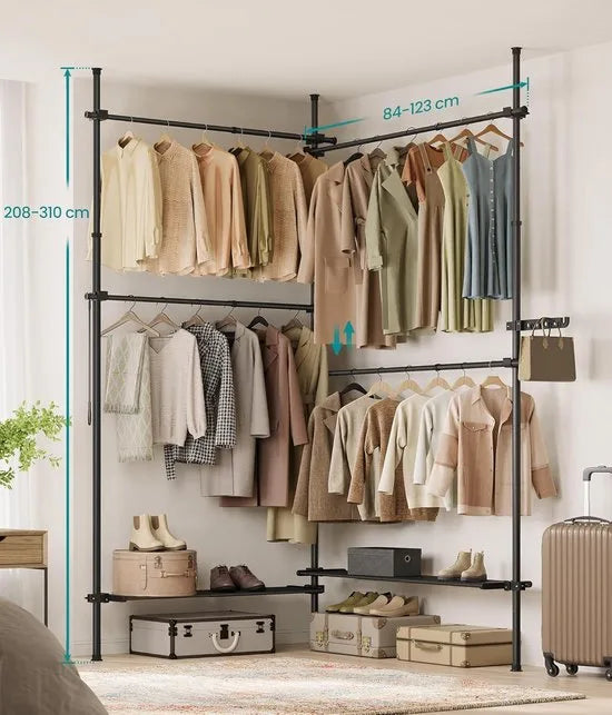 FurnStar Telescopische Kledingstandaard – 3-Traps Garderobe – In Hoogte en Breedte Verstelbaar – Open Kledingkast met 4 Kledingstangen en 2 Afneembare Planken – Grijparm – 33,5 x (162-238) x (208-310) cm – Matzwart